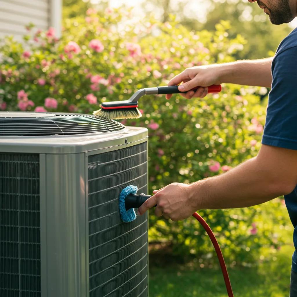 Technician performing spring HVAC maintenance tasks outdoors