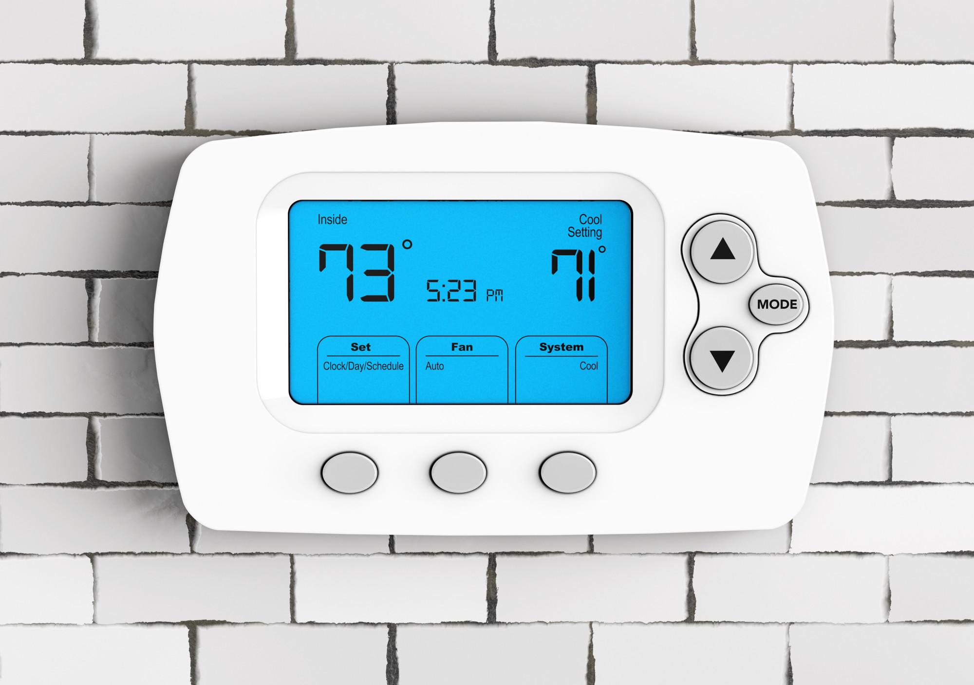 Modern Programming Thermostat in front of Brick Wall. 3d Rendering.