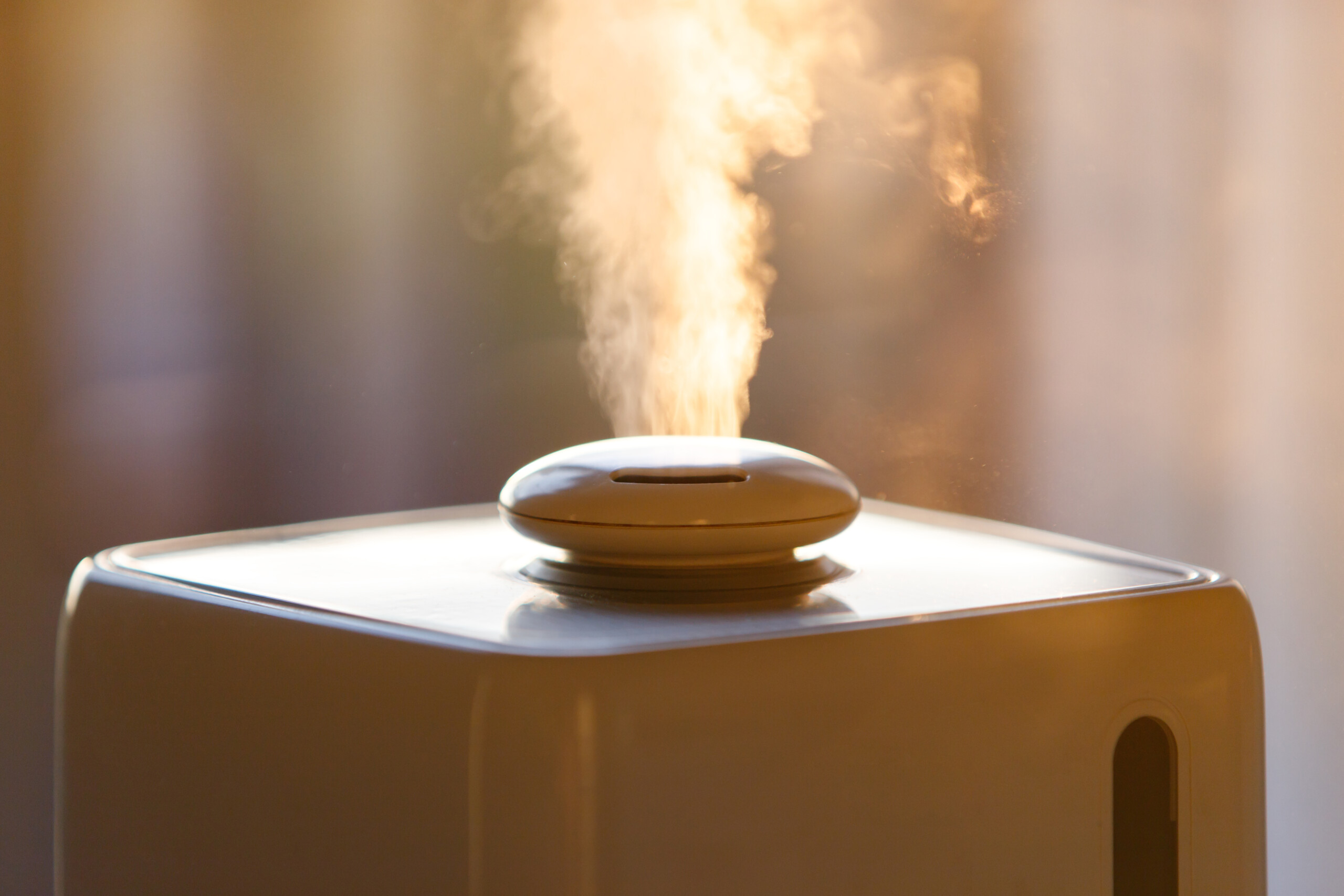 Close up of aroma oil diffuser at home, steam from air humidifie