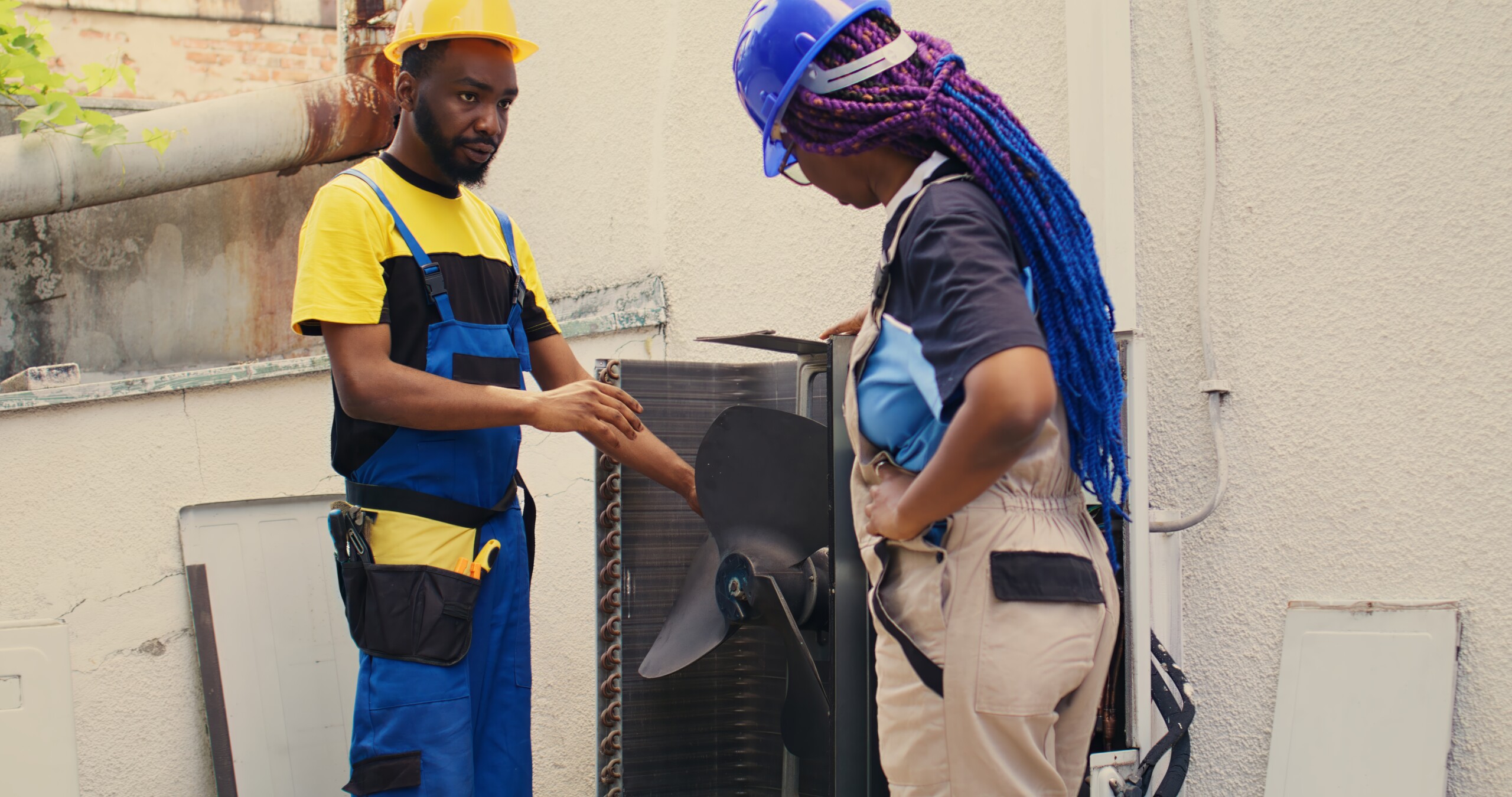 Technicians working on air conditioner